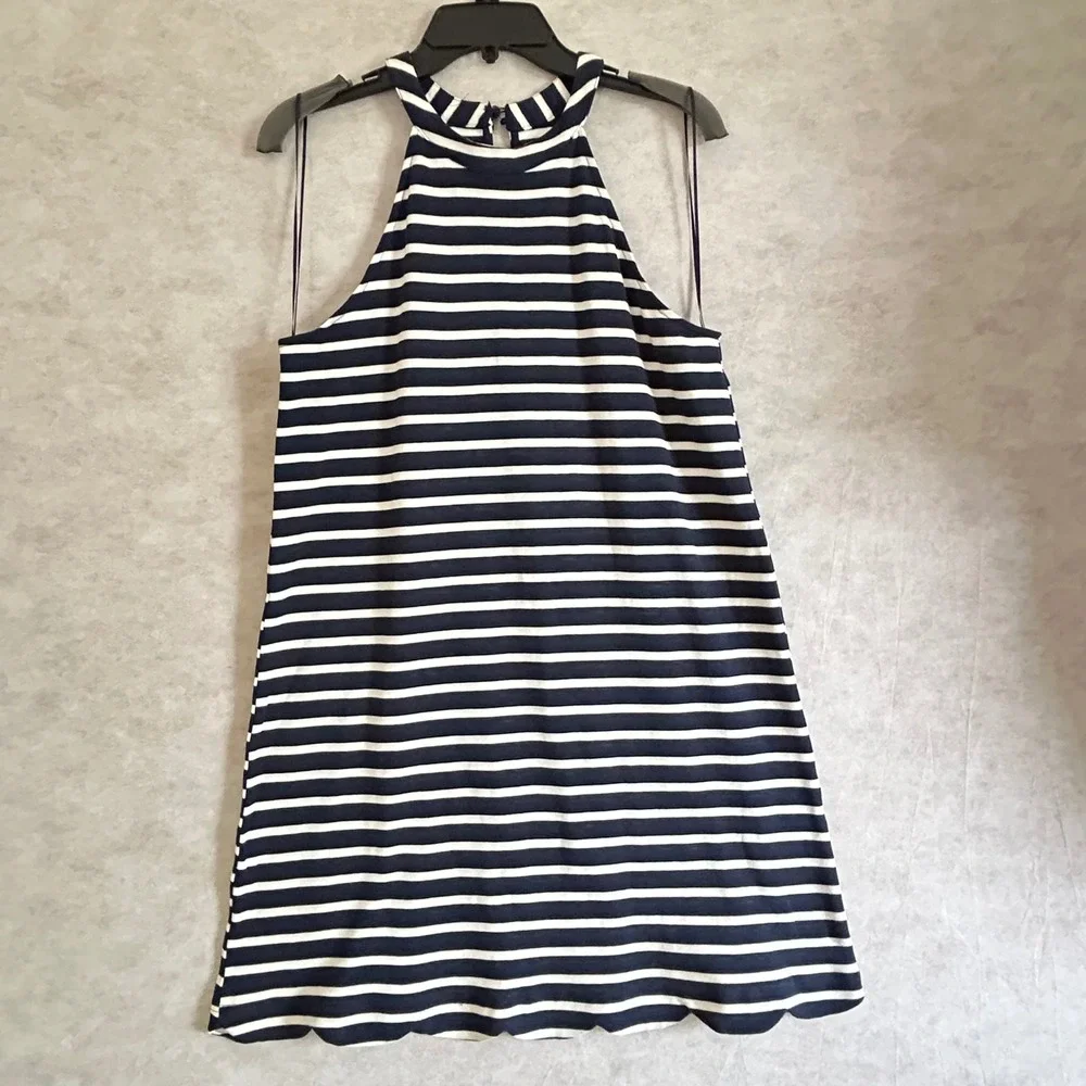 Papermoon Womens Navy White Striped Halter Mini Dress Scallop Hem CD5302‎ Size M